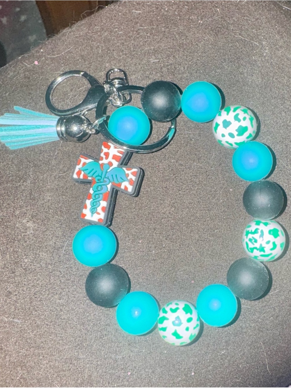 Teal & Black Beaded Medical Cross Keychain Bracelet